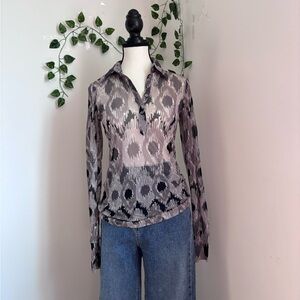 Mexx Black and Gray Patterned Button Down Sheer Top